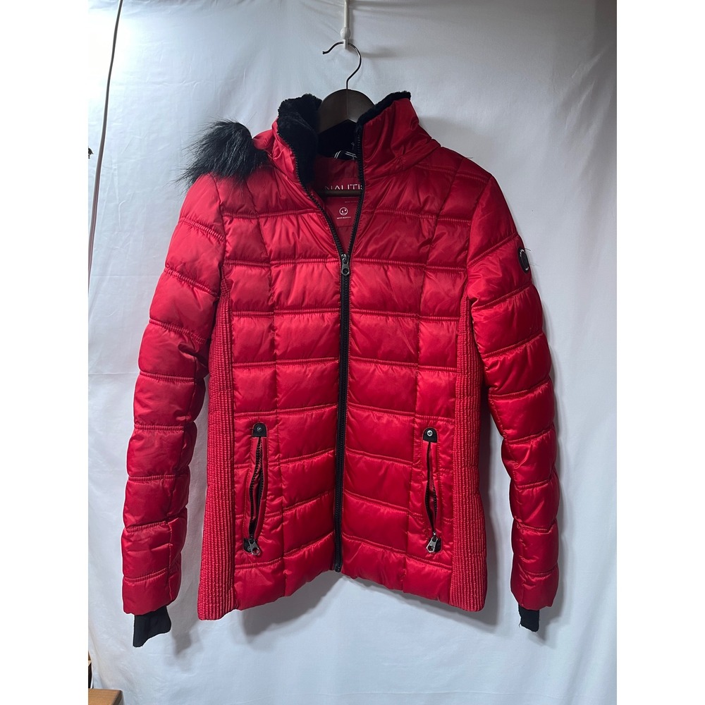 Nautica Womens Red Water Resistant Puffer Jacket Faux Fur Detachable Hood Small - Picture 1 of 4